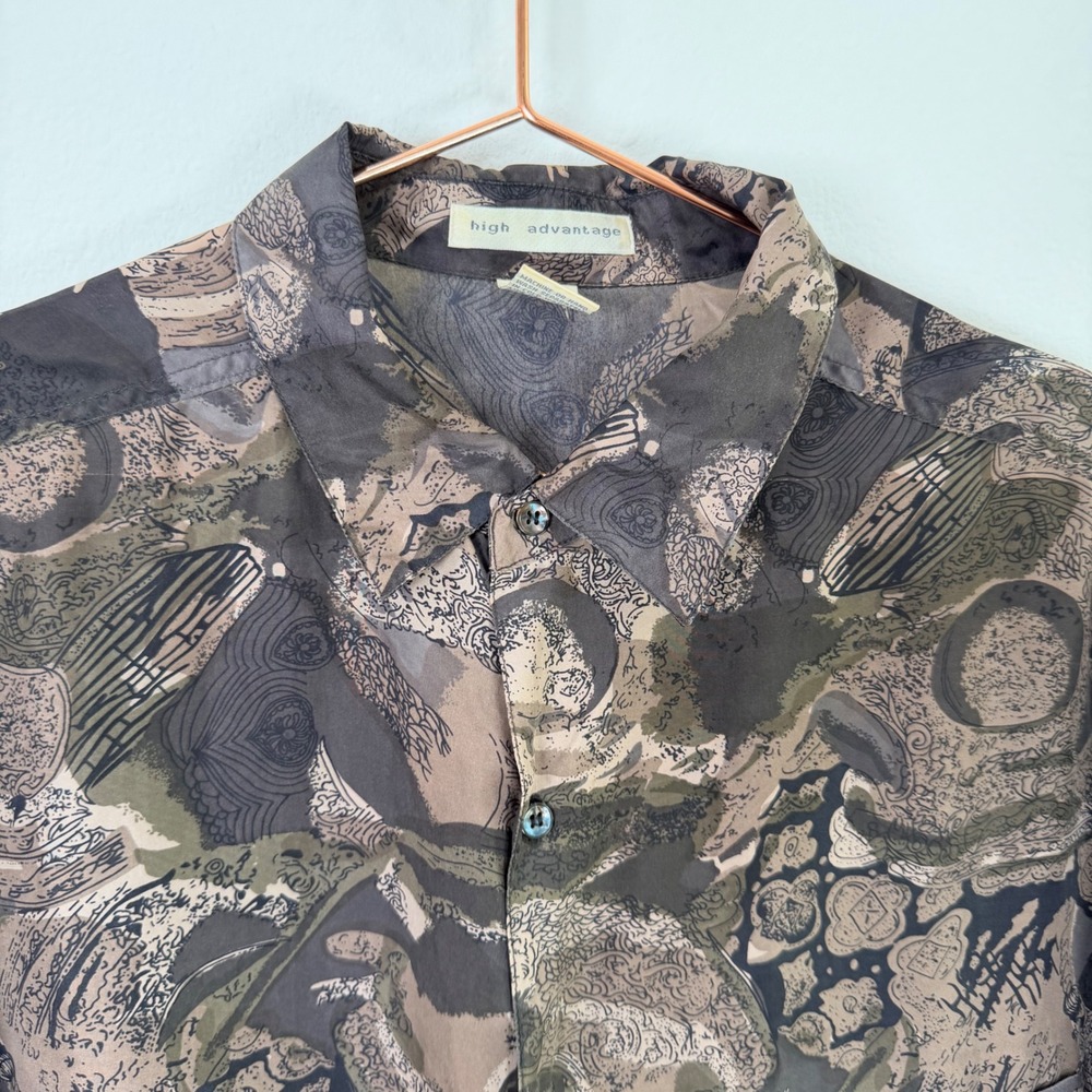 High Advantage Mens Large 100% Silk Button Up Shirt Abstract Earthy Print Brown